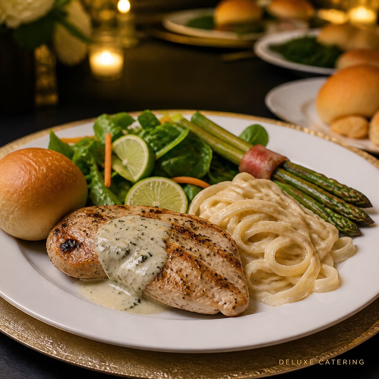 Herb cream chicken with fettuccine alfredo, bacon-wrapped asparagus and salad, served on a gold charger by candlelight