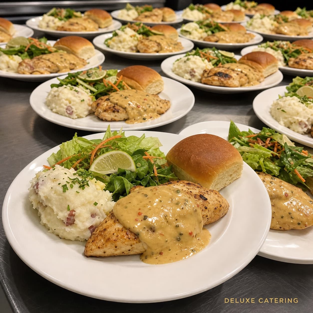 Banquet service line of chicken breast in peppercorn sauce with mashed potatoes, salad and rolls