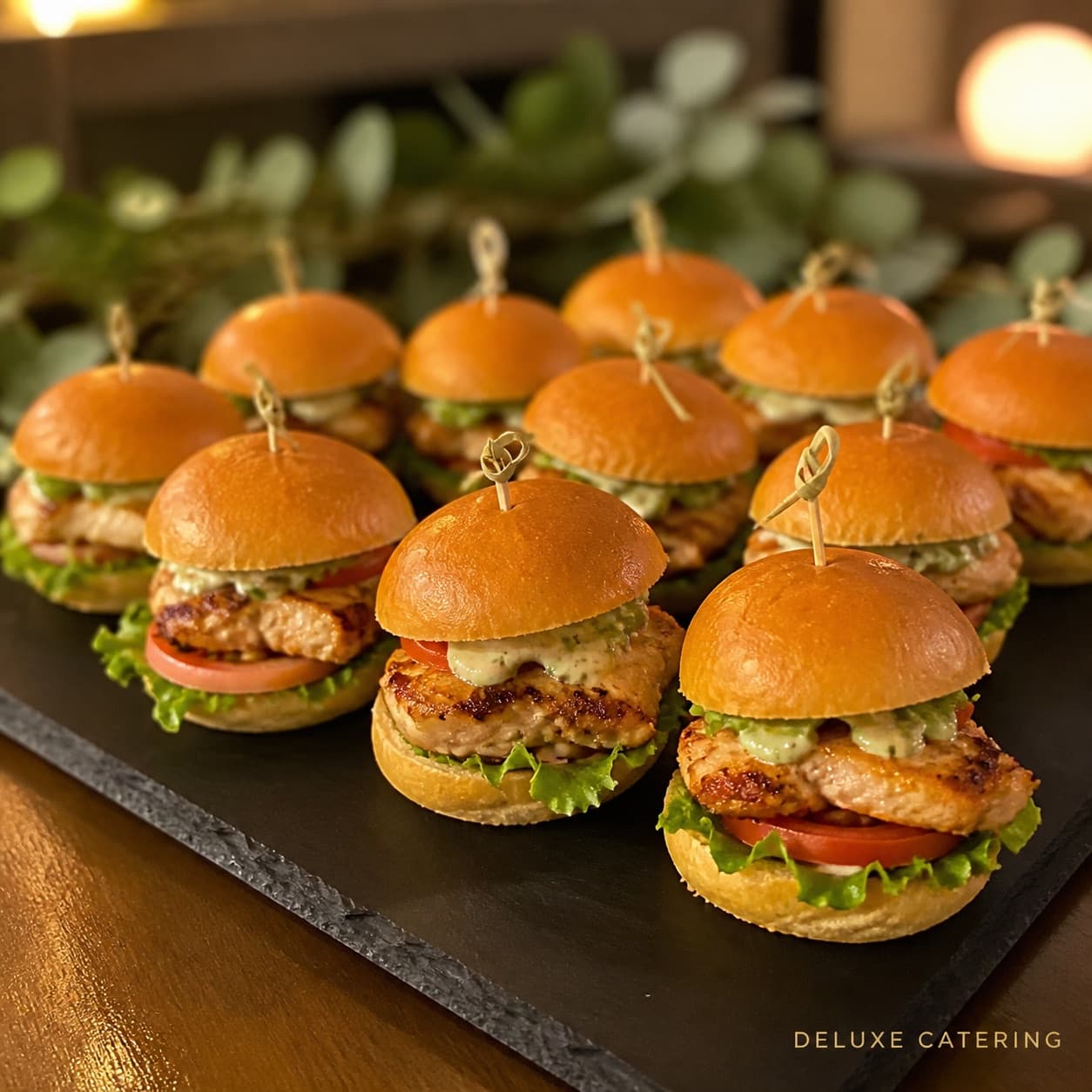 Grilled chicken sliders with lettuce, tomato and herb aioli arranged on a slate board