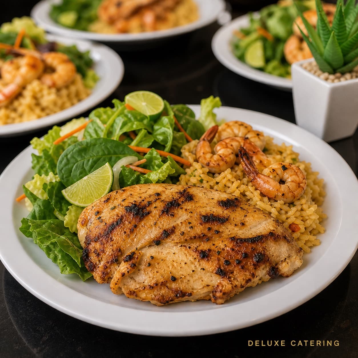 Grilled chicken breast and shrimp over seasoned rice with a fresh salad and lime