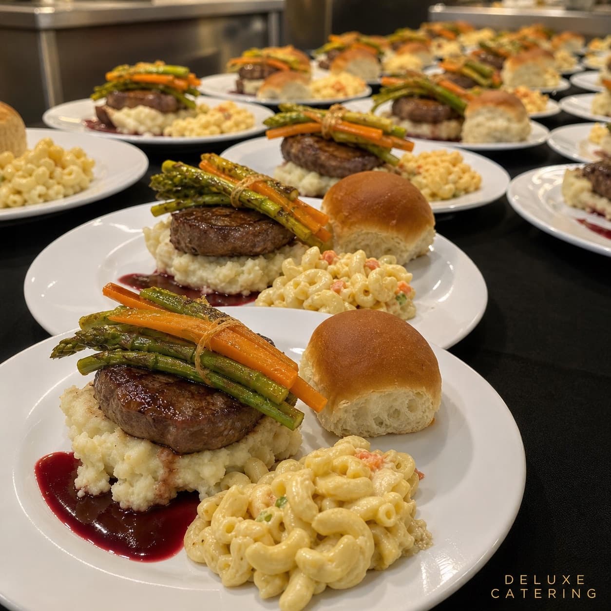 Rows of plated beef medallion dinners with macaroni salad and rolls, ready for service