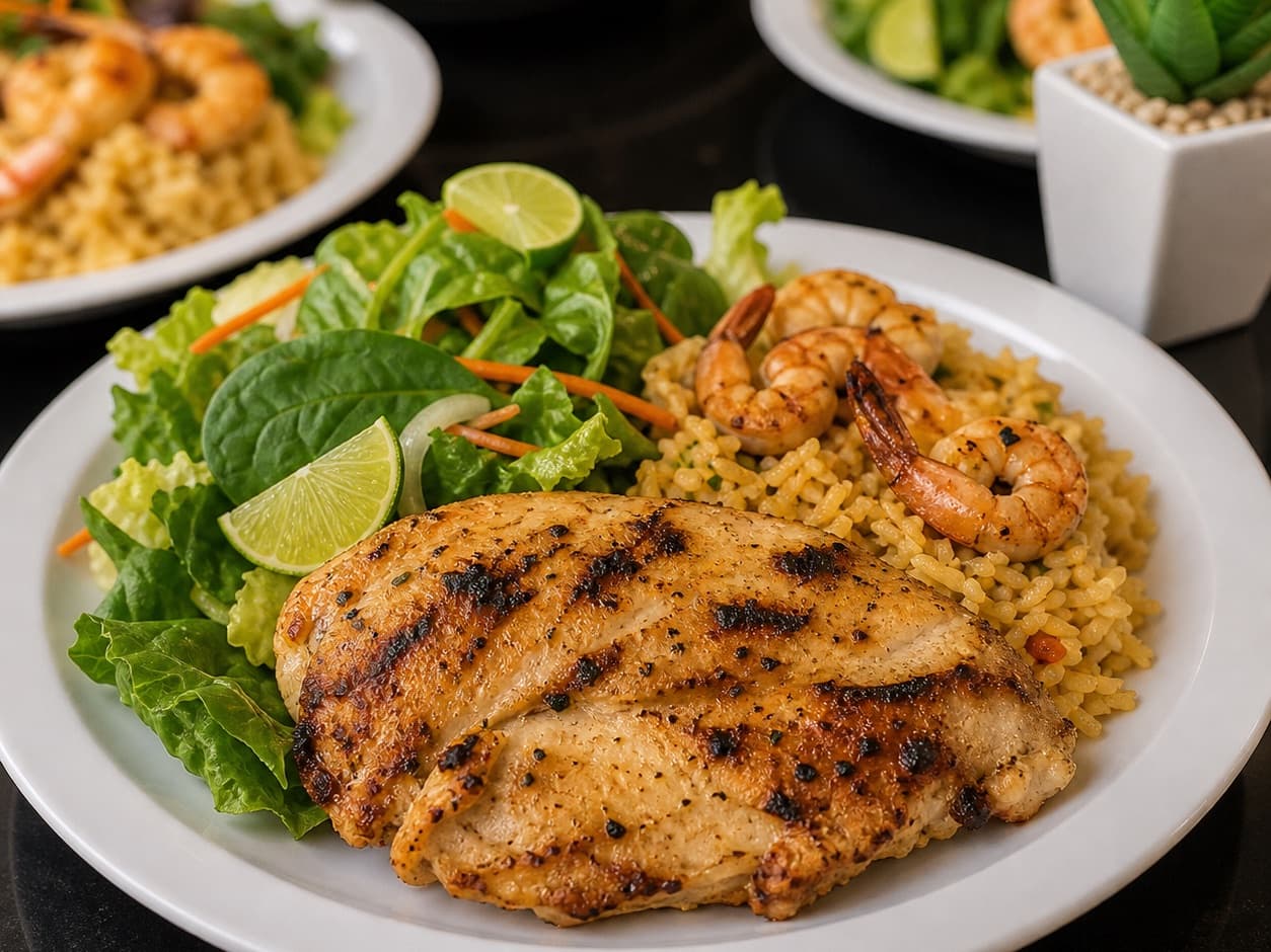 Grilled chicken and shrimp over seasoned rice with a fresh salad for a family celebration