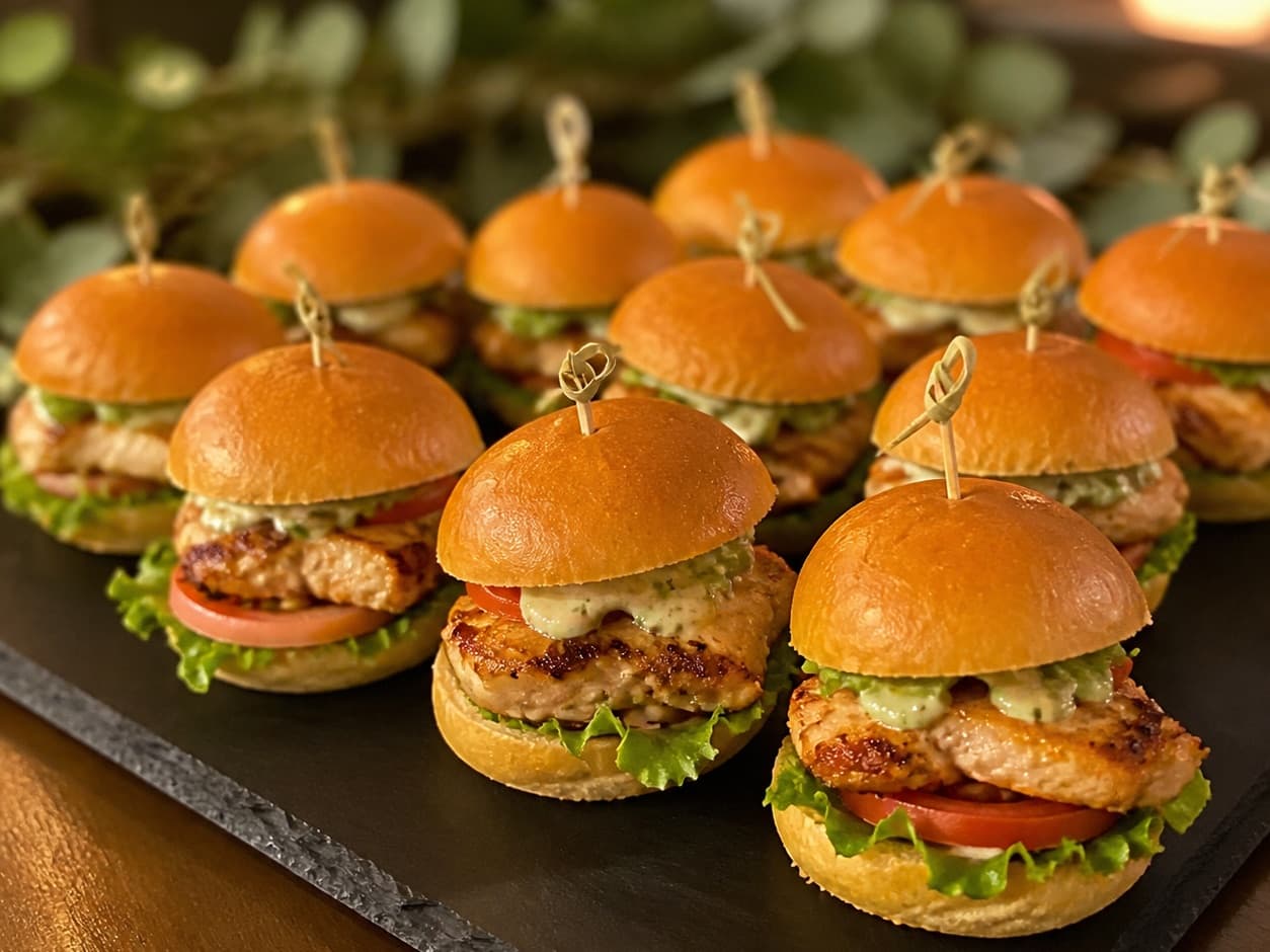 Grilled chicken sliders with herb aioli arranged on a slate board for a private party
